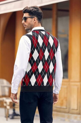 Karlywindow Mens Argyle Sweater Vests Rhombus Sleeveless V-Neck Knit Pullover Vest in Saudi Arabia