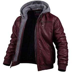 CREATMO US Men's Faux Leather Jacket Motorcycle Jacket Waterproof Windproof PU Moto Vintage Bomber Hoodie with Removable Hood