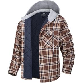 MAGCOMSEN Men's Flannel Shirt Jacket with Hood Long Sleeve Quilted Lined Plaid Coat Button Down Thick Hoodie Outwear Winter