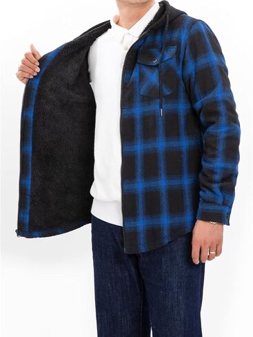 ZENTHACE Men's Sherpa Lined Full Zip Hooded Plaid Shirt Jacket in Saudi Arabia