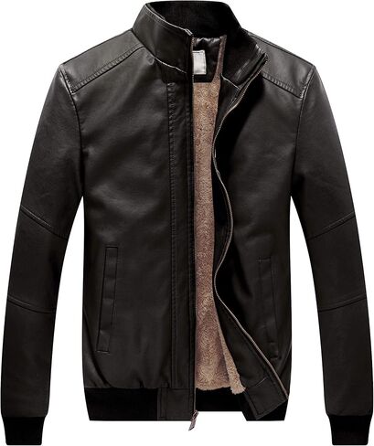 WenVen Men's Stand Collar Fleece Lined Bomber Faux Leather Jacket in Saudi Arabia