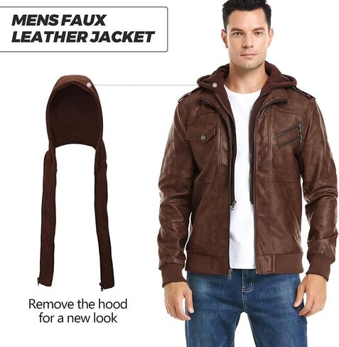 JYG Motorcycle Jacket for Men Casual Faux Leather Bomber Jacket with Removable Hood in Saudi Arabia