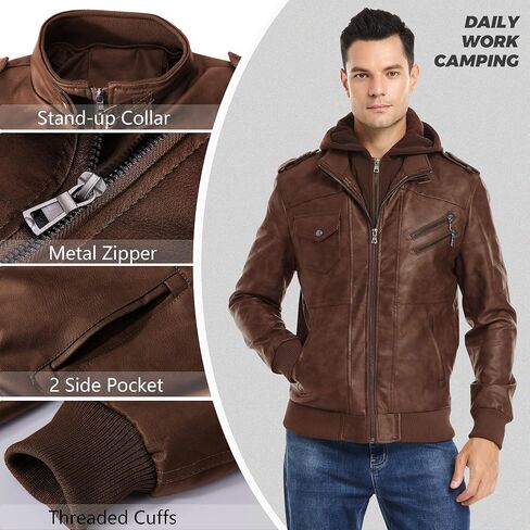 JYG Motorcycle Jacket for Men Casual Faux Leather Bomber Jacket with Removable Hood in Saudi Arabia
