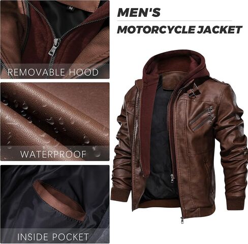 JYG Motorcycle Jacket for Men Casual Faux Leather Bomber Jacket with Removable Hood in Saudi Arabia