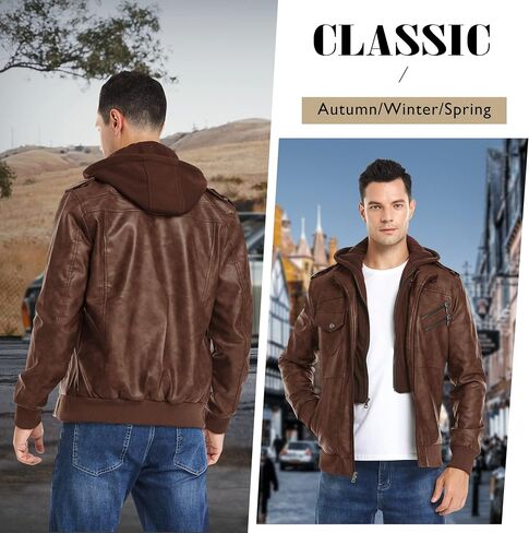 JYG Motorcycle Jacket for Men Casual Faux Leather Bomber Jacket with Removable Hood in Saudi Arabia