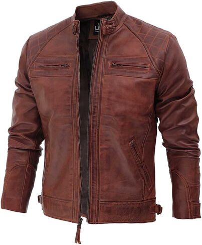 جاكيت FJackets مصنوع من جلد الخراف الحقيقي لراكبي الدراجات النارية - جاكيت مبطن بسحاب للمقهى المتسابق للرجال in Kuwait