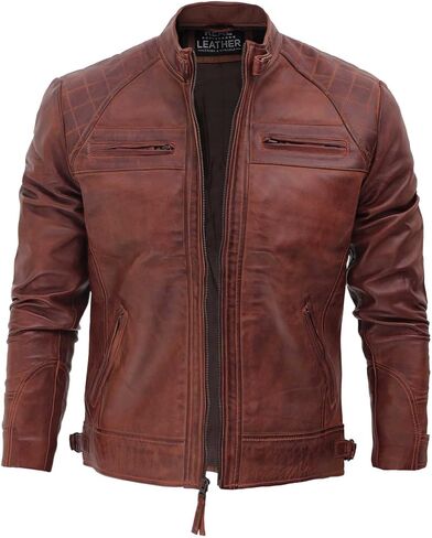 جاكيت FJackets مصنوع من جلد الخراف الحقيقي لراكبي الدراجات النارية - جاكيت مبطن بسحاب للمقهى المتسابق للرجال in Kuwait