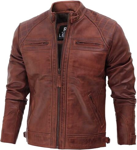جاكيت FJackets مصنوع من جلد الخراف الحقيقي لراكبي الدراجات النارية - جاكيت مبطن بسحاب للمقهى المتسابق للرجال in Kuwait