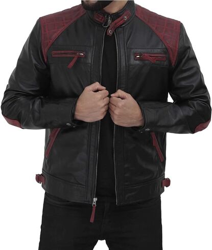 جاكيت FJackets مصنوع من جلد الخراف الحقيقي لراكبي الدراجات النارية - جاكيت مبطن بسحاب للمقهى المتسابق للرجال in Kuwait