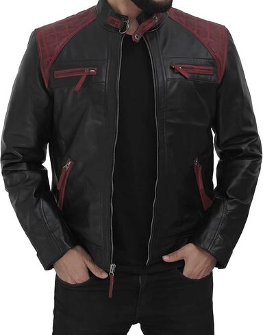 جاكيت FJackets مصنوع من جلد الخراف الحقيقي لراكبي الدراجات النارية - جاكيت مبطن بسحاب للمقهى المتسابق للرجال in Kuwait