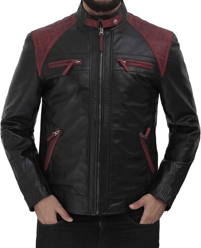 جاكيت FJackets مصنوع من جلد الخراف الحقيقي لراكبي الدراجات النارية - جاكيت مبطن بسحاب للمقهى المتسابق للرجال in Kuwait