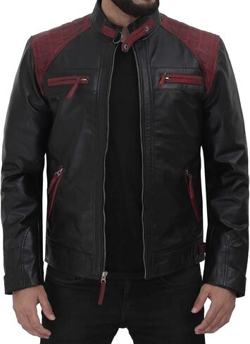 جاكيت FJackets مصنوع من جلد الخراف الحقيقي لراكبي الدراجات النارية - جاكيت مبطن بسحاب للمقهى المتسابق للرجال in Kuwait