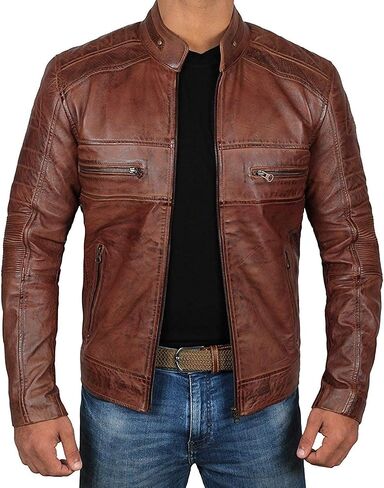 Brown Leather Jacket Mens - Cafe Racer Real Lambskin Leather Distressed Motorcycle Jacket in Saudi Arabia