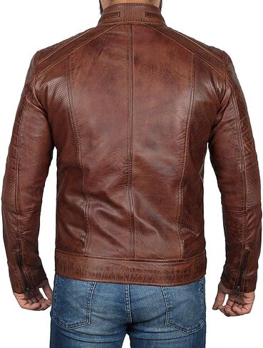 Brown Leather Jacket Mens - Cafe Racer Real Lambskin Leather Distressed Motorcycle Jacket in Saudi Arabia