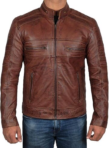 Brown Leather Jacket Mens - Cafe Racer Real Lambskin Leather Distressed Motorcycle Jacket in Saudi Arabia
