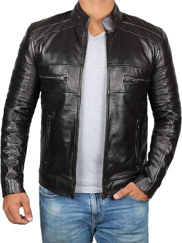 Brown Leather Jacket Mens - Cafe Racer Real Lambskin Leather Distressed Motorcycle Jacket in Kuwait