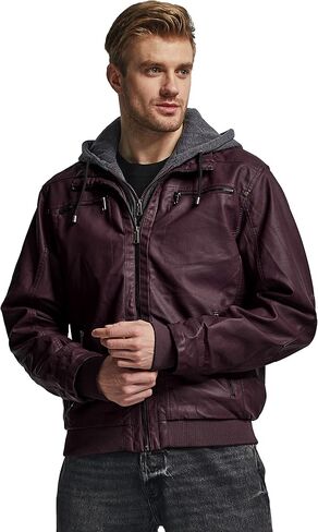 wantdo Men's Faux Leather Jacket with Removable Hood Motorcycle Jacket Casual Warm Winter Coat in Saudi Arabia