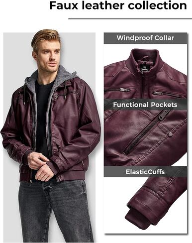 wantdo Men's Faux Leather Jacket with Removable Hood Motorcycle Jacket Casual Warm Winter Coat in Saudi Arabia