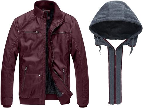 wantdo Men's Faux Leather Jacket with Removable Hood Motorcycle Jacket Casual Warm Winter Coat in Saudi Arabia