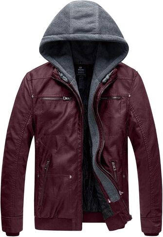 wantdo Men's Faux Leather Jacket with Removable Hood Motorcycle Jacket Casual Warm Winter Coat in Saudi Arabia