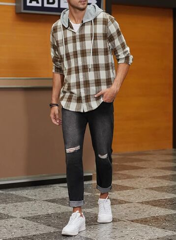 JMIERR Flannel Hoodies for Men Casual Button Down Plaid Long Sleeve Lightweight Shirts Jackets in Saudi Arabia