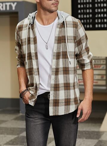 JMIERR Flannel Hoodies for Men Casual Button Down Plaid Long Sleeve Lightweight Shirts Jackets in Saudi Arabia