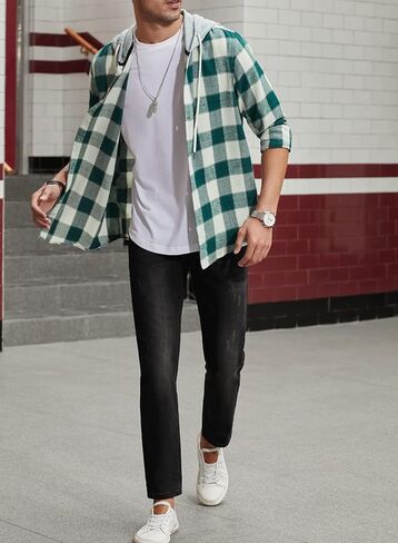 JMIERR Flannel Hoodies for Men Casual Button Down Plaid Long Sleeve Lightweight Shirts Jackets in Saudi Arabia