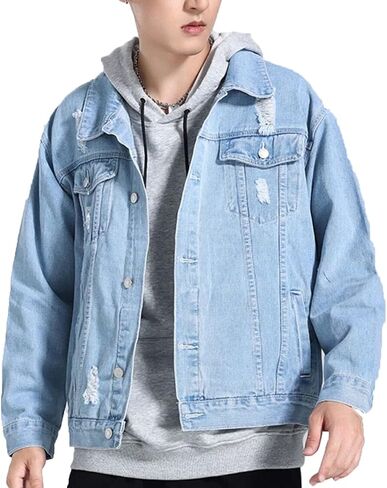CCSYUS Men's Denim Trucker Jacket Distressed Ripped Motorcycle Slim Fit Blue Jean Jackets Coat in Saudi Arabia