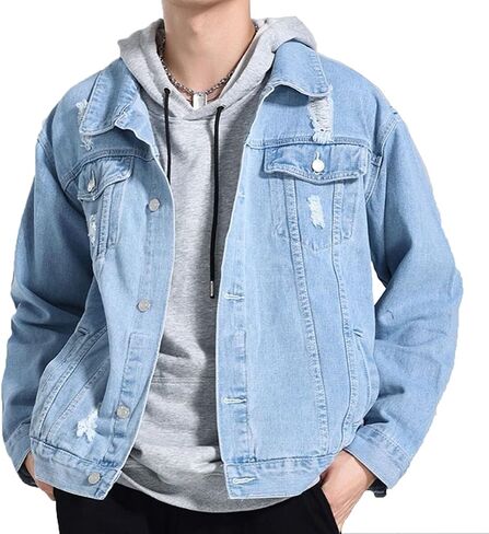 CCSYUS Men's Denim Trucker Jacket Distressed Ripped Motorcycle Slim Fit Blue Jean Jackets Coat in Saudi Arabia