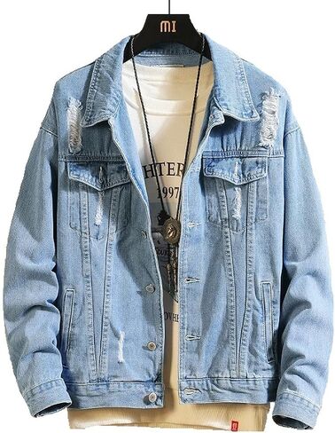 CCSYUS Men's Denim Trucker Jacket Distressed Ripped Motorcycle Slim Fit Blue Jean Jackets Coat in Saudi Arabia