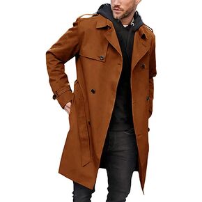 Men's Trench Coat Slim fit Double Breasted Belted Windbreaker Lapel Long Jacket Casual Windproof Overcoat