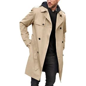 Men's Trench Coat Slim fit Double Breasted Belted Windbreaker Lapel Long Jacket Casual Windproof Overcoat