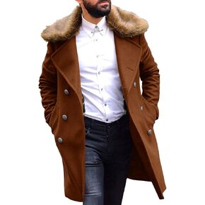 PASLTER Men's Winter Trench Overcoat Removable Faux Fur Collar Top Coat Double Breasted Business Long Pea Coat