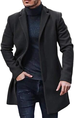 PASLTER Mens Trench Coat Slim Fit Notched Collar Fall Winter Single Breasted Pea Coat Warm Soft Overcoat in Kuwait