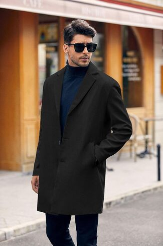 PASLTER Mens Trench Coat Slim Fit Notched Collar Fall Winter Single Breasted Pea Coat Warm Soft Overcoat in Kuwait