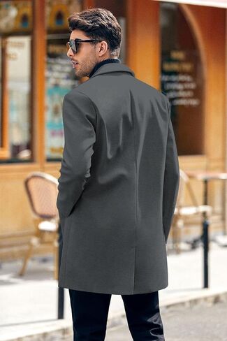 PASLTER Mens Trench Coat Slim Fit Notched Collar Fall Winter Single Breasted Pea Coat Warm Soft Overcoat in Kuwait