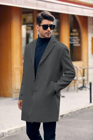 PASLTER Mens Trench Coat Slim Fit Notched Collar Fall Winter Single Breasted Pea Coat Warm Soft Overcoat in Kuwait