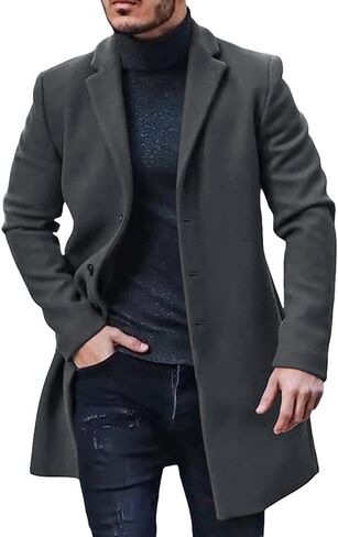 PASLTER Mens Trench Coat Slim Fit Notched Collar Fall Winter Single Breasted Pea Coat Warm Soft Overcoat in Kuwait