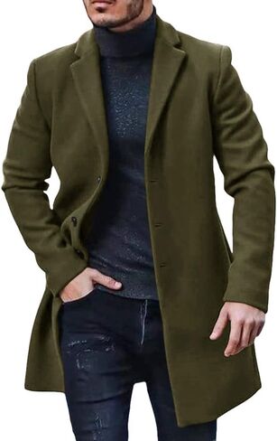 Men's Trench Coat Slim Fit Notch Lapel Single Breasted Top Coat Winter Warm Cotton Business Long Jacket Overcoat in Kuwait
