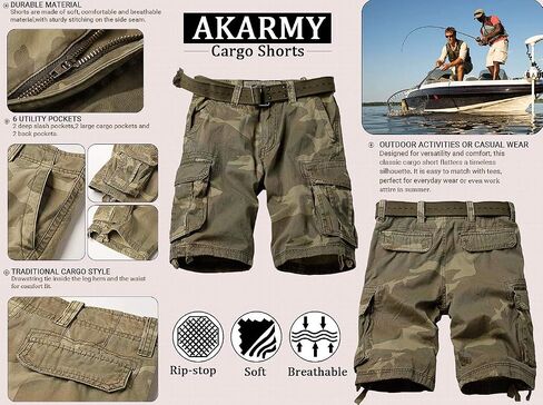 AKARMY Men's Camo Cargo Shorts Outdoor Multi-Pocket Cotton Casual Shorts with No Belt in Saudi Arabia