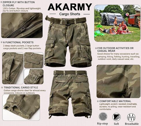 AKARMY Men's Camo Cargo Shorts Outdoor Multi-Pocket Cotton Casual Shorts with No Belt in Saudi Arabia