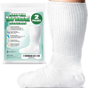 [2 Pairs] One Size Unisex Extra Width Socks in White for Lymphedema - Bariatric Sock - Oversized Sock Stretches up to 30'' Over Calf for Swollen Feet And Mens and Womens Legs in Kuwait