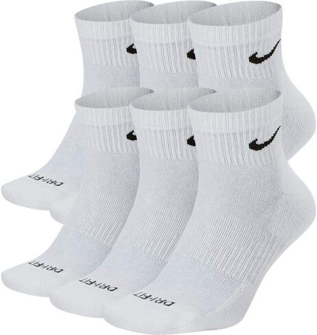 NIKE Dri-Fit Training Everyday PLUS MAX Cushioned Quarter Cut Ankle Socks 6 PAIR White Black Swoosh Logo) LARGE 8-12 in Saudi Arabia