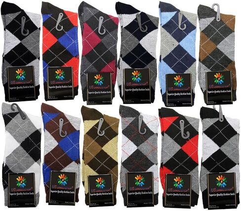 USBingoshop Mens Cotton Argyle Striped Solid Ribbed Black Crew Dress Socks in Kuwait