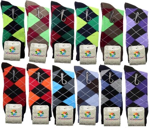 USBingoshop Mens Cotton Argyle Striped Solid Ribbed Black Crew Dress Socks in Kuwait