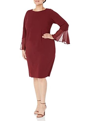 Calvin Klein Women's Solid Sheath with Chiffon Bell Sleeves Dress, Rosewood, 14W in Kuwait
