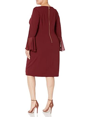 Calvin Klein Women's Solid Sheath with Chiffon Bell Sleeves Dress, Rosewood, 14W in Kuwait