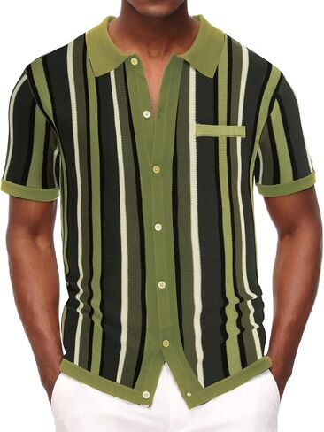 Men’s Short Sleeve Knit Shirt Vintage Stripe Lapel Collar Polo Shirt in Kuwait