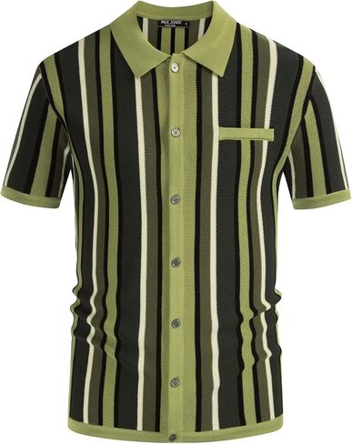 Men’s Short Sleeve Knit Shirt Vintage Stripe Lapel Collar Polo Shirt in Kuwait