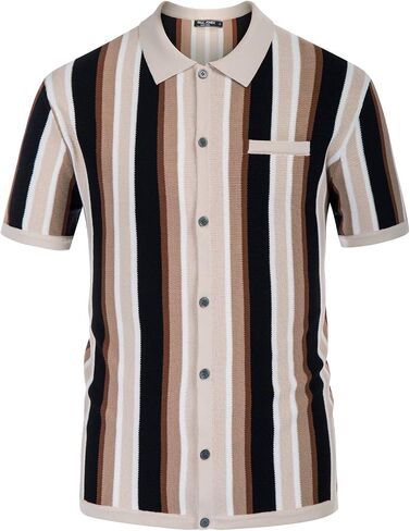Men’s Short Sleeve Knit Shirt Vintage Stripe Lapel Collar Polo Shirt in Kuwait